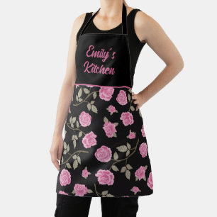 Elegante rosa Rosen-Blumen-Küche in Schwarz Schürze