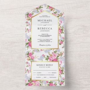 Elegante rosa Rosen Botanischer Garten Hochzeit All In One Einladung
