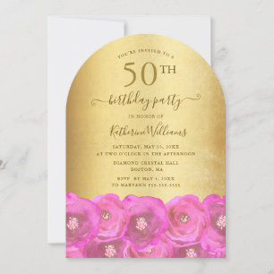 Elegante rosa Rosen & goldene Schrift 50. Geburtst Einladung
