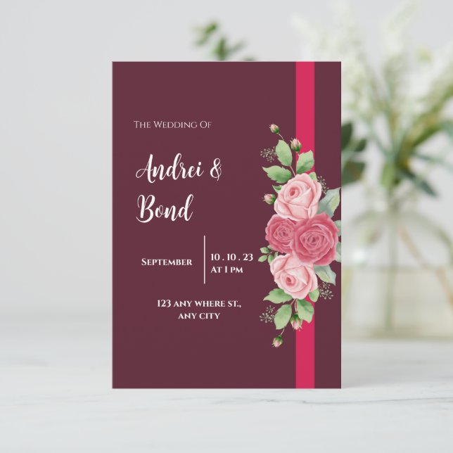 Elegante Rosa-Rosen-Hochzeit Einladung (Stehend Vorderseite)