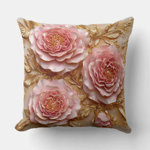 Elegante rosa Rosen mit goldenen Blättern Kissen