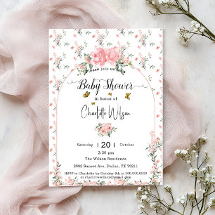 Elegante rosa Rosen mit Schmetterlingen Baby Showe Einladung