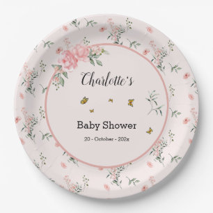 Elegante rosa Rosen mit Schmetterlingen Baby Showe Pappteller