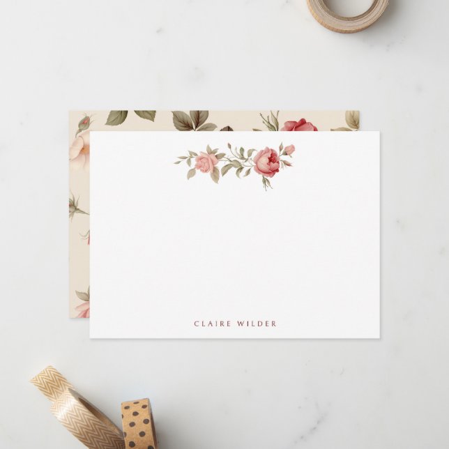Elegante rosa Rosen - Name/Monogramm hinzufügen Mitteilungskarte (Vorderseite/Rückseite Beispiel)