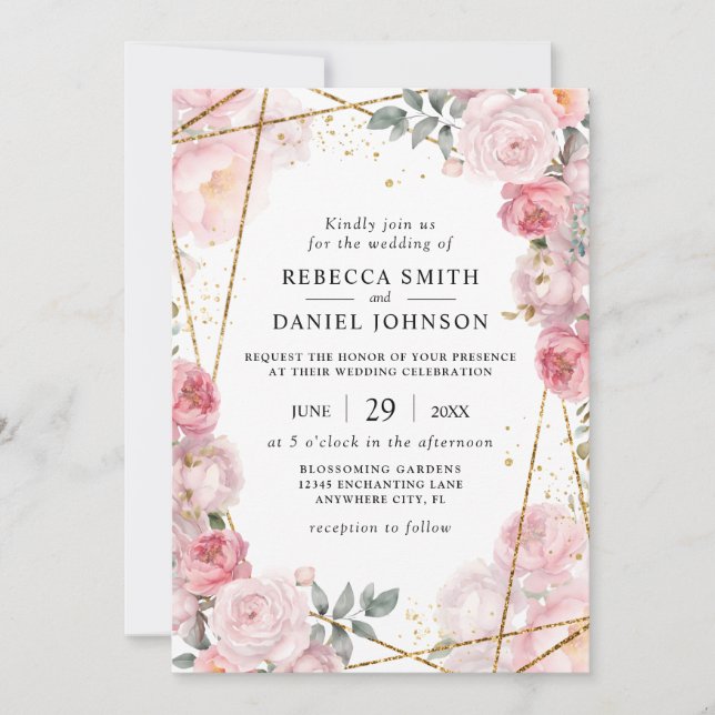 Elegante rosa Rosen und geometrische Hochzeit Einladung (Vorderseite)