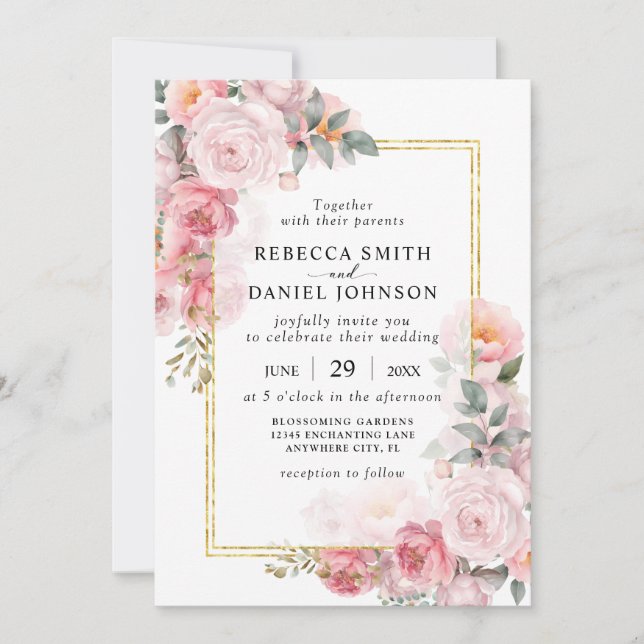Elegante rosa Rosen und Gold Moderne Hochzeit Einladung (Vorderseite)
