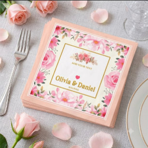 Elegante rosa Rosen und goldene Schrift Hochzeitss Serviette