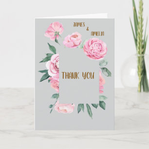 Elegante rosa Rosen und graue Blumenhochzeit Karte