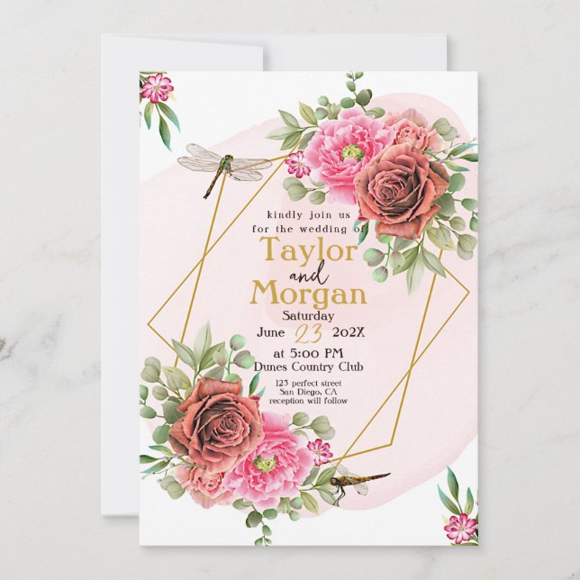 Elegante rosa Rosen und Libellen Hochzeiten Einladung (Vorderseite)