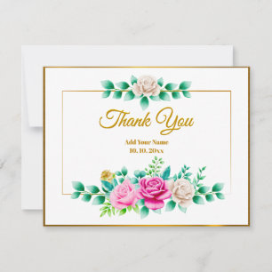 Elegante rosa Rosenblume mit Goldrahmen und Danke Mitteilungskarte