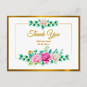 Elegante rosa Rosenblume mit Goldrahmen und Danke Postkarte