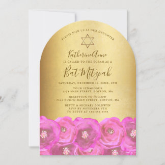 Elegante rosa Rosenblüten-Gold-Bat-Mizwa Einladung
