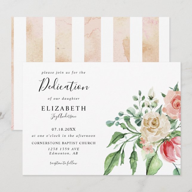 Elegante rosa Roses Watercolor Baby Dedication Einladung (Vorne/Hinten)