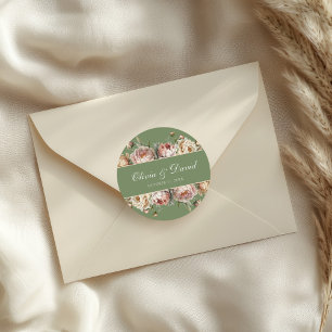Elegante Rosa Schiefergrüne Pfingstrosen Hochzeit Runder Aufkleber