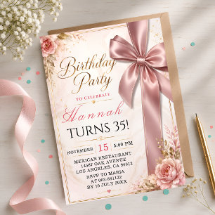 Elegante rosa Schleife 35. Geburtstag Einladung