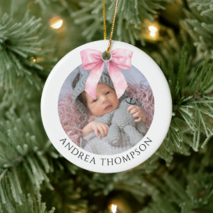 Elegante rosa Schleife Baby erstes Weihnachten Fot Keramik Ornament
