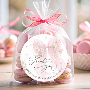 Elegante rosa Schleife Baby Shower Dankeschön  Runder Aufkleber