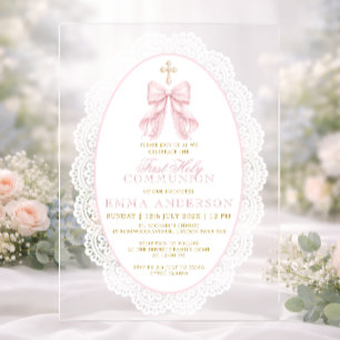Elegante rosa Schleife Erste heilige Kommunion Acryleinladungen