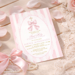 Elegante rosa Schleife Erste heilige Kommunion Einladung