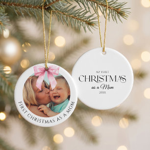 Elegante rosa Schleife Erstes Weihnachten als Mama Keramik Ornament