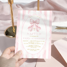 Elegante rosa Schleife & Kreuz Mädchen Taufe Einla