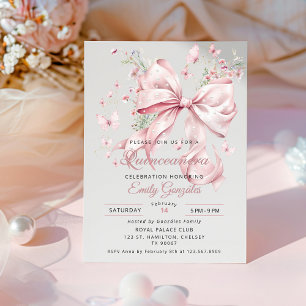 Elegante rosa Schleife & Perlen Quinceañera-Einlad Einladung