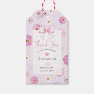 Elegante rosa Schleife und Blumen Mädchen 1. Gebur Geschenkanhänger