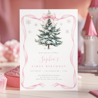 Elegante rosa Schleife Winter Onederland erster Ge Einladung