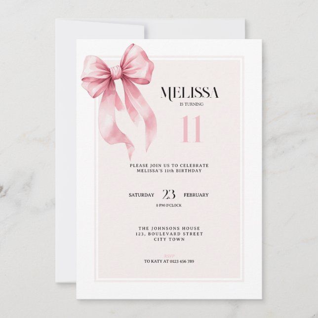 Elegante rosa Schleife zum 11. Geburtstag - Einlad Einladung (Vorderseite)