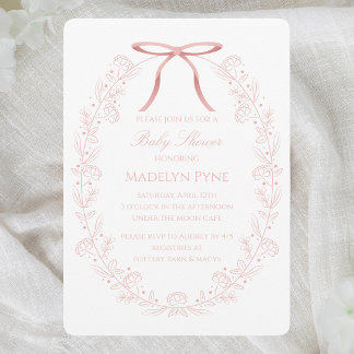 Elegante rosa Schleifen & Blumen Baby Shower Einladung