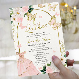 Elegante rosa Schmetterling spanische Quinceañera Einladung