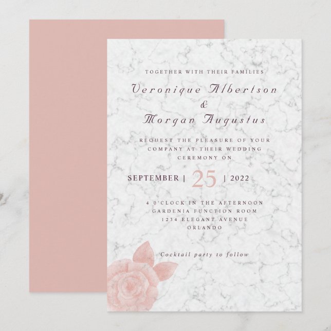 Elegante Rosa-Schrift Marmorhochzeit Einladung (Vorne/Hinten)