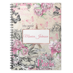 Elegante rosa-schwarze Blumen-Collage Eiffelturm Notizblock