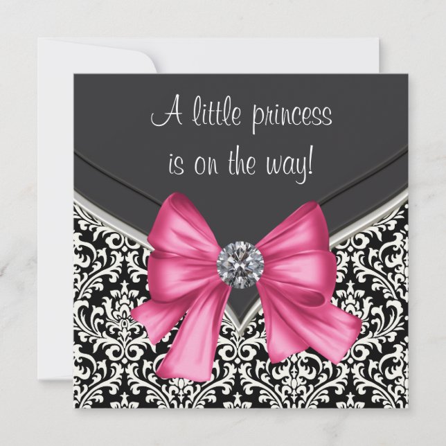 Elegante rosa schwarze Damaske Princess Babydusche Einladung (Vorderseite)