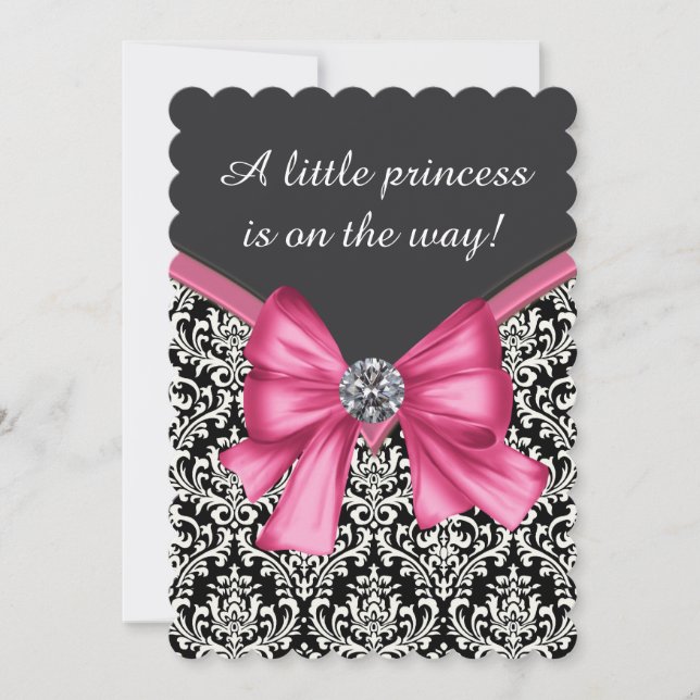Elegante rosa schwarze Damaske Princess Babydusche Einladung (Vorderseite)