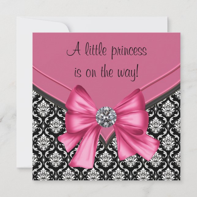 Elegante rosa schwarze Damaske Princess Babydusche Einladung (Vorderseite)