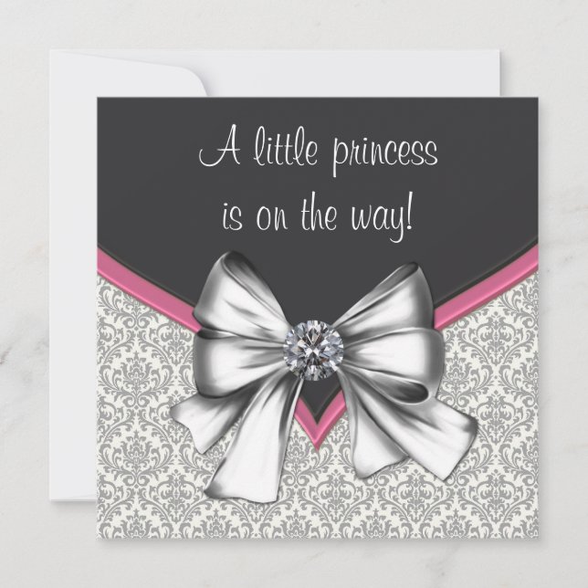 Elegante rosa schwarze Damaske Princess Babydusche Einladung (Vorderseite)