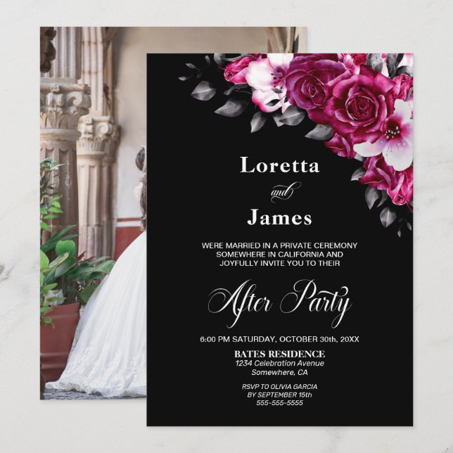 Elegante rosa Schwarze Hochzeitsempfehlung Einladung (Vorne/Hinten)