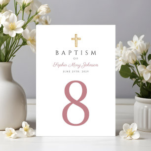 Elegante rosa Script religiöse Cross Girl Taufe Tischnummer