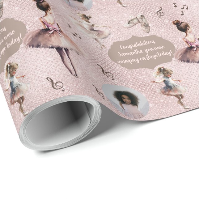 Elegante rosa Silver Name Text Foto Ballett Tutu Geschenkpapier (Rolleneckpunkt)