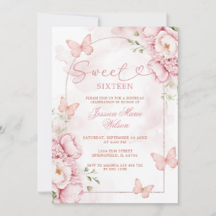Elegante rosa Sweet 16 Einladung mit Schmetterling