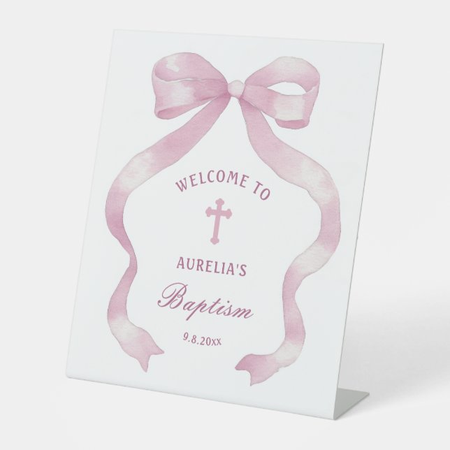 Elegante rosa Taufe Willkommen Sockelschild (Vorderseite)
