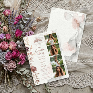 Elegante rosa Tiara 4-Foto Collage Quinces TMF26 Mitteilungskarte