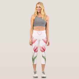 Elegante rosa Tulpen Blumen- und Herz-Mutter-Gesch Capri Leggings