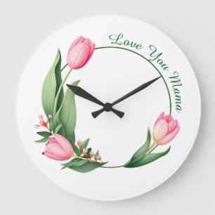 Elegante rosa Tulpen-Blumenkranz "Love You Mama" Große Wanduhr
