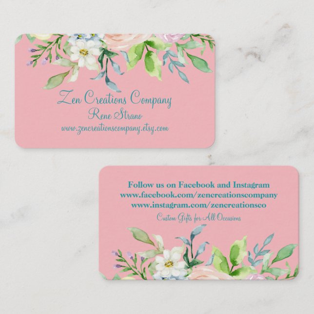 Elegante rosa und Aquamarine florale Visitenkarte (Vorne/Hinten)