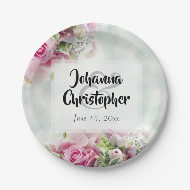 Elegante Rosa- und Aquamarine Frühlingsblütenhochz Pappteller (Vorderseite)