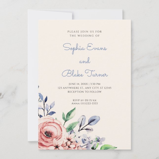Elegante, rosa und blau-blumengelbe Hochzeit Einladung (Vorderseite)