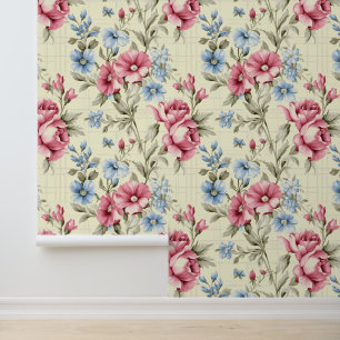 Elegante rosa und blaue Blumen, die an einem Gitte Tapete