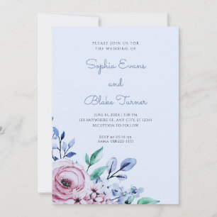 Elegante, rosa und blaue Blütenblauer Hochzeit Einladung